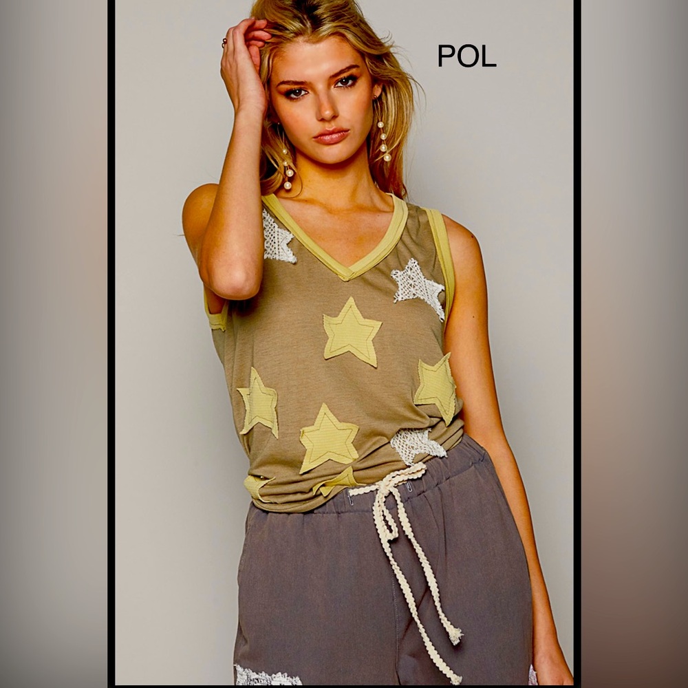 BP209-12💚POL pretty olive  Star Patterned Tank Top w/celery stars front+back!💚